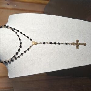Vintage Czech Black Glass Bead Rosary 16"